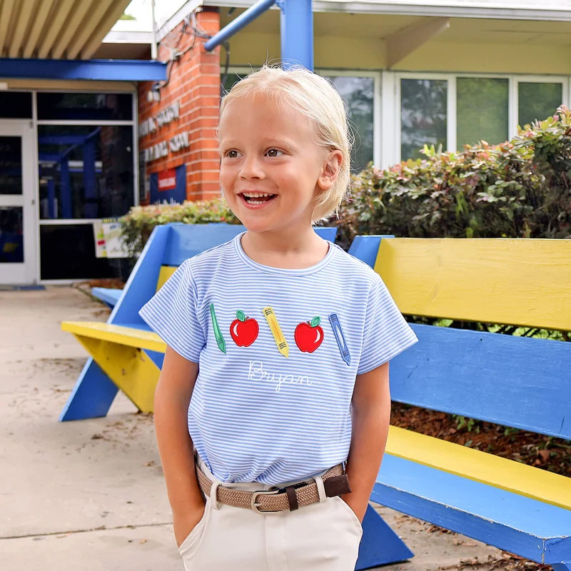 School Time Blue Stripe Short Sleeve Shirt | Classic Whimsy