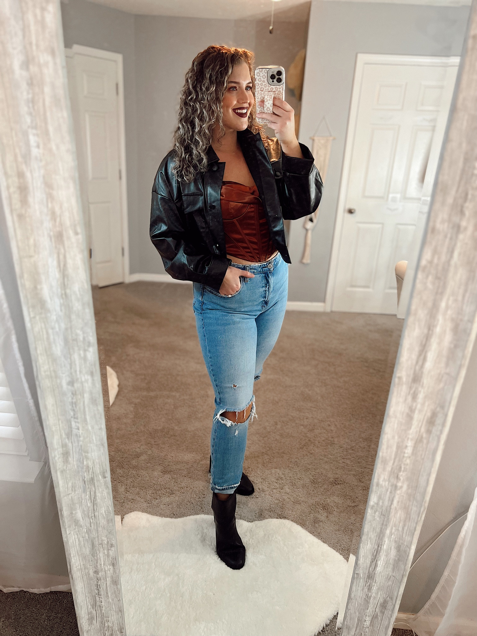 Midsize date night outfit inspo 🖤⚡️ 
Top: 12-14
Jacket: XL
Jeans: 32R 
#midsizeoutfits #ootd #datenightoutfit #affordableoutfits #denim #jeans #edgystyle #corset #curvydenim #curvelove #leather #jacket #boots #booties 

#LTKstyletip #LTKcurves #LTKSeasonal