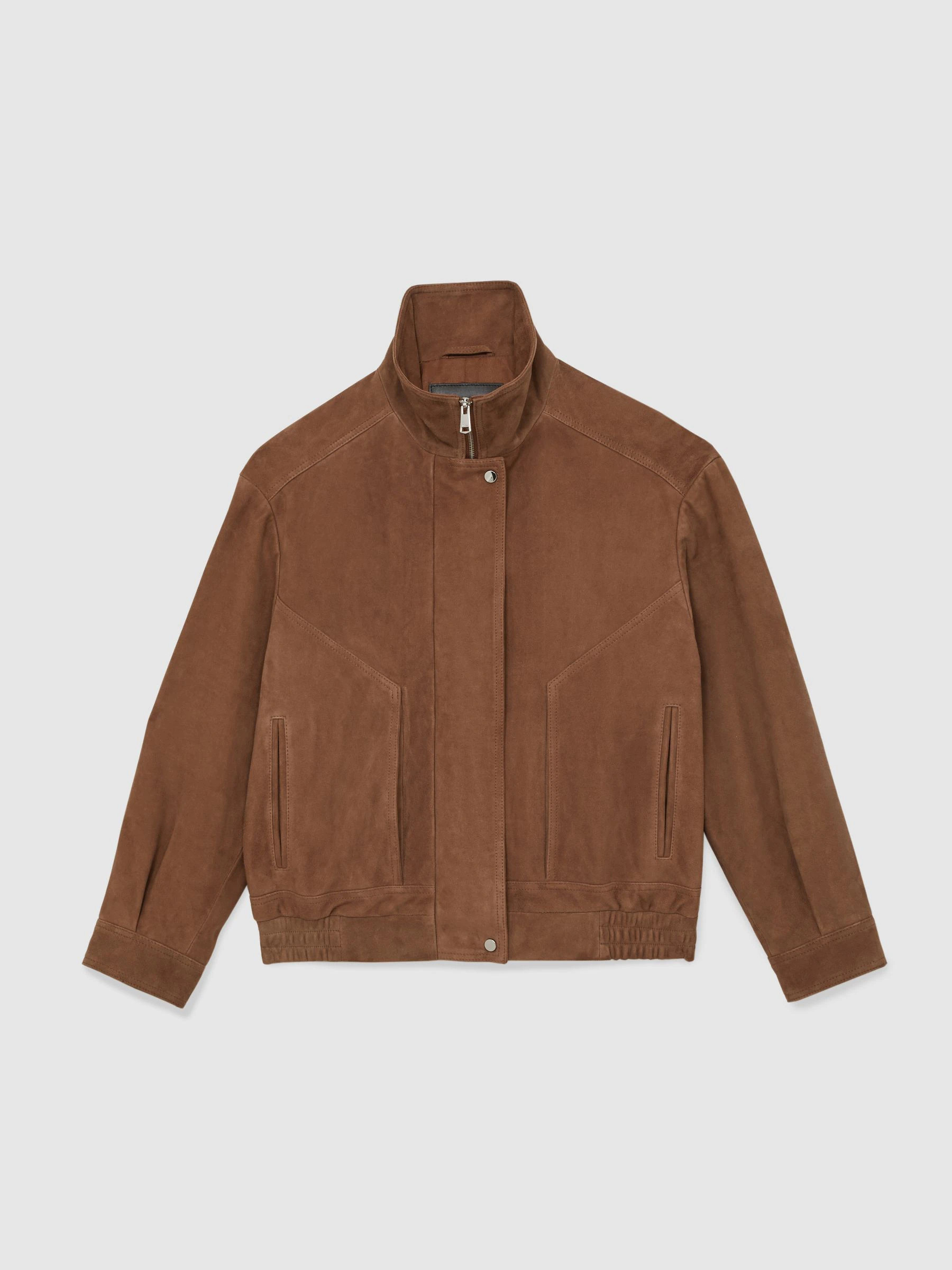 reiss Reiss Tan Kiara Suede Funnel-Neck Bomber Jacket | Next US