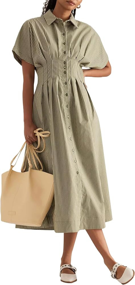 Striped Button Pleated Shirt Maxi Dress for Women Summer Short Sleeve Collar V Neck Corset Long D... | Amazon (US)
