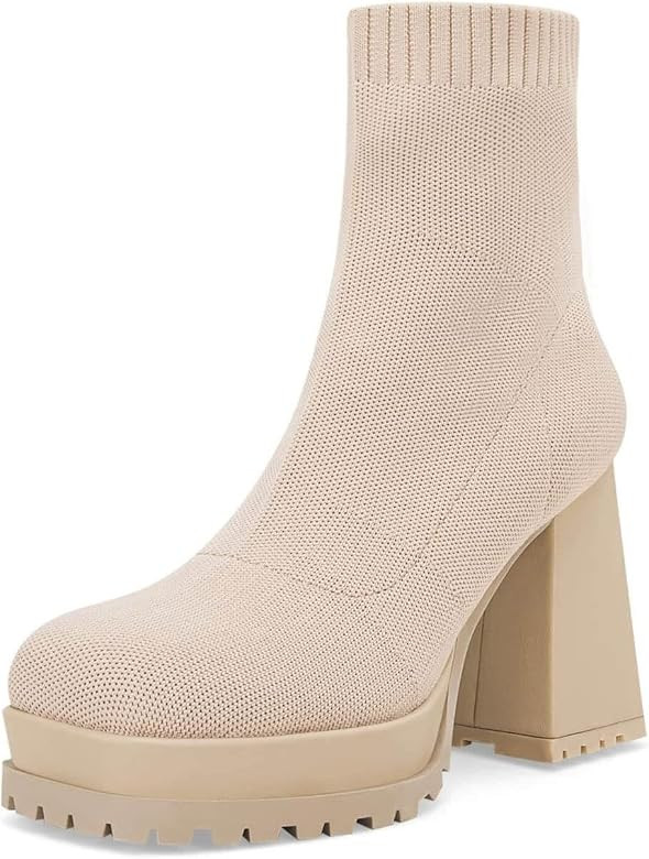 Womens Platform Sock Ankle Boots Square Toe Chunky Block Heel Elastic Knit Slip On Booties Shoes | Amazon (US)