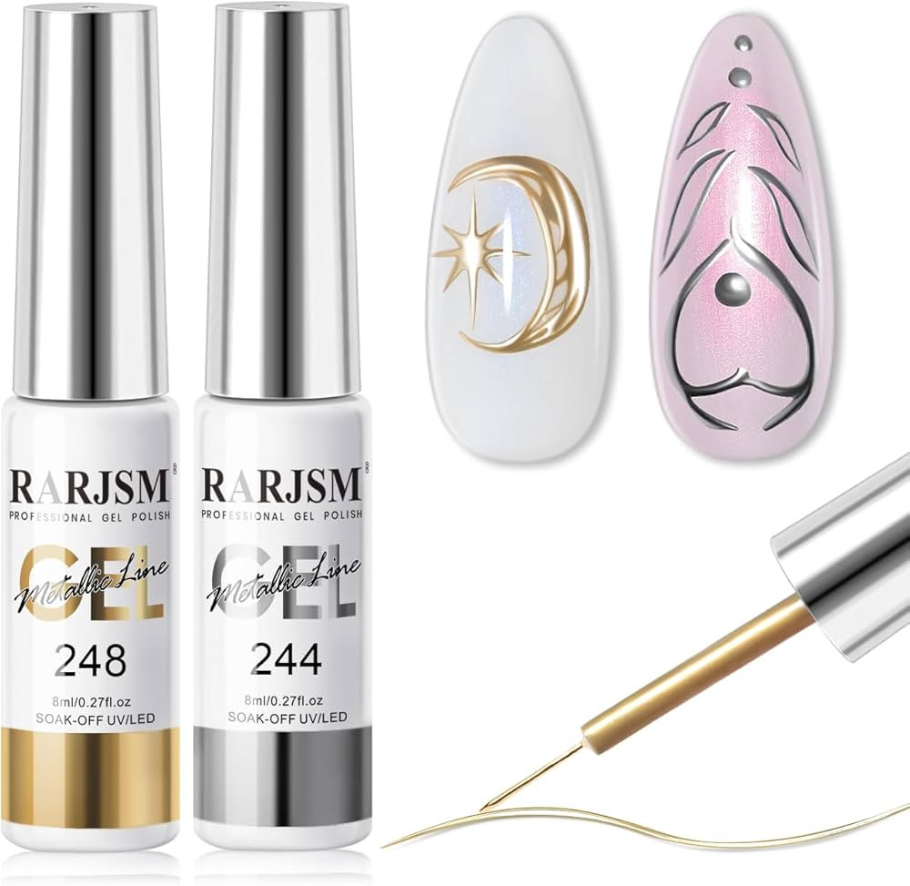 RARJSM Metallic Gel Liner Nail Art Silver Bronze Gold 2pcs Set Mirror Chrome 3D Effect Gel Nail P... | Amazon (US)