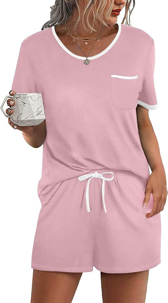 Ekouaer Pajama Set for Women 2 Piece Lounge Set Tops and Shorts Soft Sleepwear, Chest Pocket | Amazon (US)