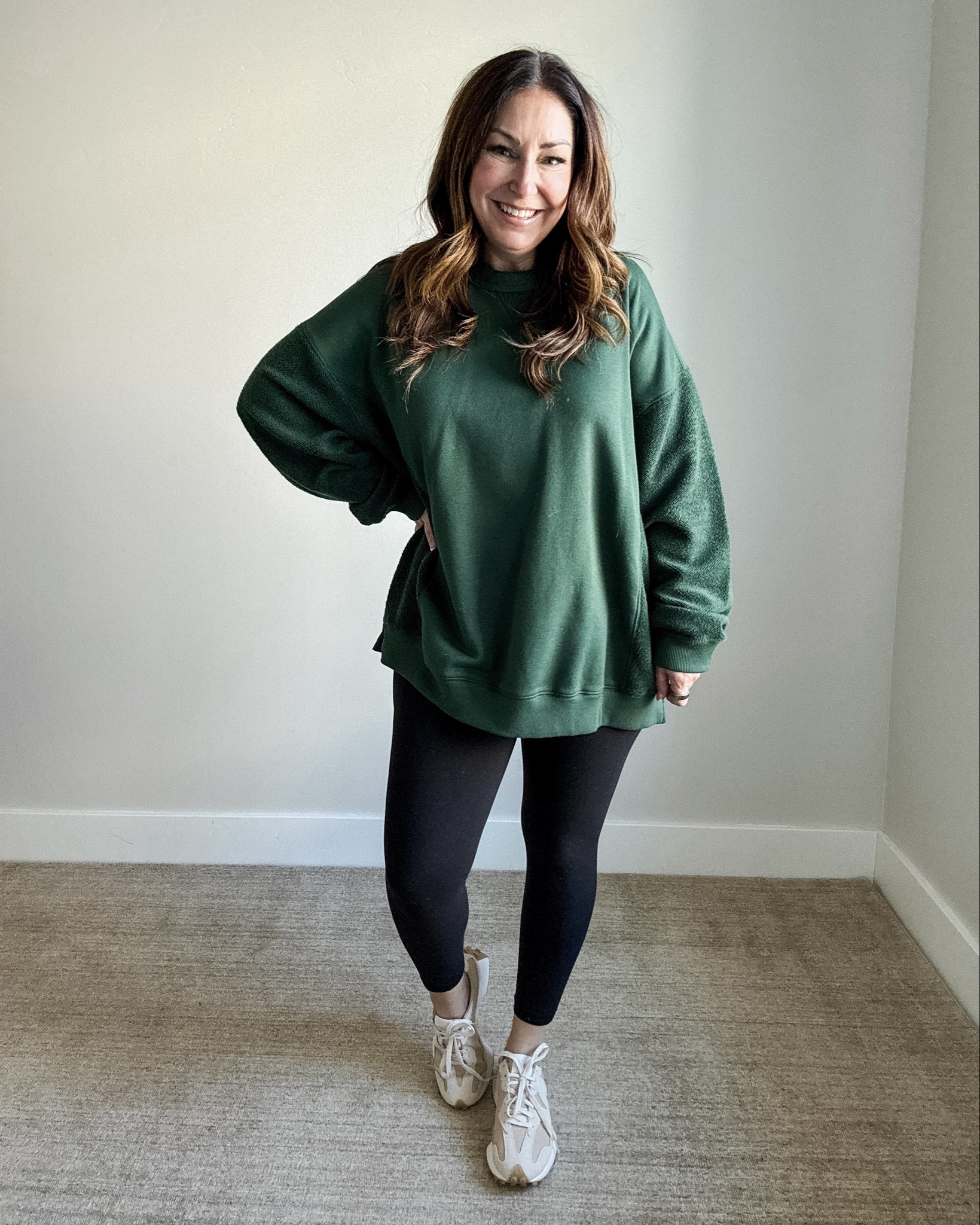 Green Athleisure Winter Cozy Outfit | Wearing oversized tunic length sweatshirt tts, L // Leggings tts, L // Sneakers 1/2 size up 

 

#LTKHoliday #LTKActive #LTKMidsize