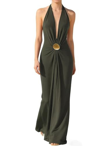 OYOANGLE Women's Deep V Neck Sleeveless Halter Maxi Dress Summer Backless Party Beach Vacation Wedding Guest Dress Army Green X-Large | Amazon (US)