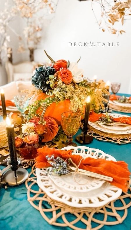 I know! I know! Everyone has moved onto Halloween, but I’m in the mood for Fall! With the centerpiece looking so good I couldn’t resist pulling out my “Moody Fall” pieces and DECKing the table! Rust & teal for the win! I want to use this velvet table cloth as a blanket…it’s so soft and luxurious! 😂 I know we haven’t had Halloween yet, but this table has me ready for Friendsgiving!!! 

#LTKSeasonal #LTKHoliday #LTKhome