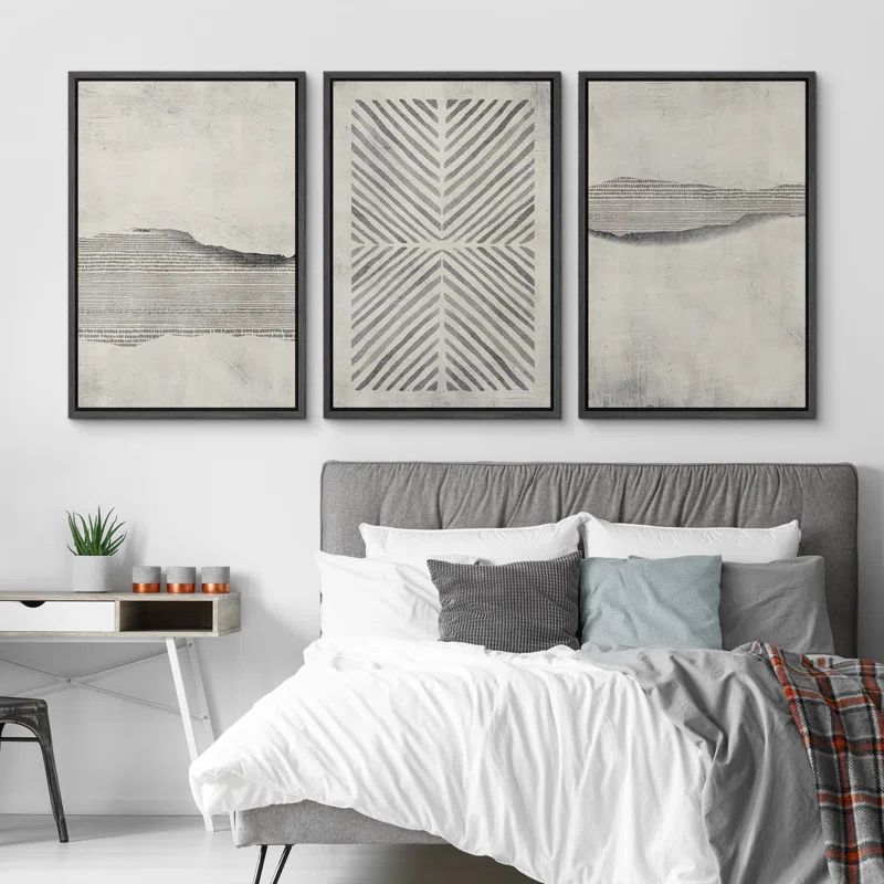 Geometric Landscape Abstract Shapes Simple Neutral Modern Art Decor Framed Canvas 3 Pieces Print | Wayfair North America