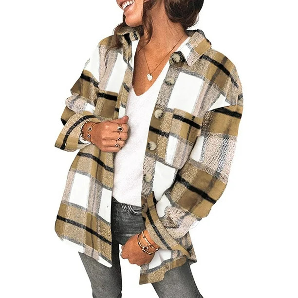 Eytino Womens Long Sleeve Plaid Shirts Flannel Lapel Button Down Shacket Jacket Coats S Brown - W... | Walmart (US)