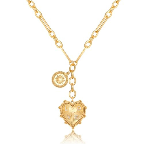 ORIGENCE Chunky Heart Necklace for Women 18K Gold Plated Sun Heart Pendant Necklace Chunky Gold Chain Choker Necklace Hip Hop Gold Heart Charm Necklace Unisex Jewelry | Amazon (US)