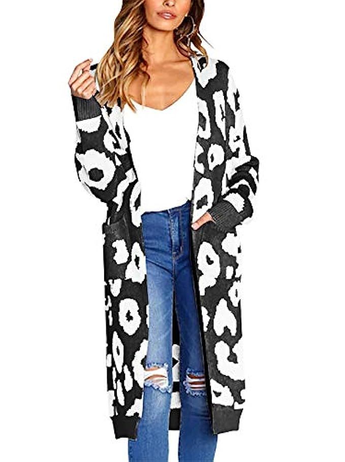 BTFBM Women Long Sleeve Open Front Leopard Knit Long Cardigan Casual Print Knitted Maxi Sweater Coat | Amazon (US)