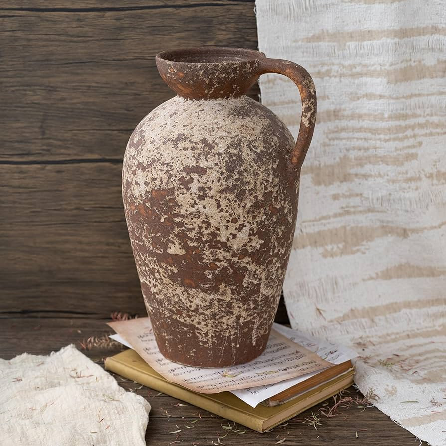 Brown Ceramic Rustic Farmhouse Vase Jug Pitcher with Handle, Distressed Antique Terracotta Potter... | Amazon (US)