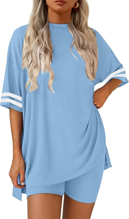 Ekouaer Womens Pajamas 2 Piece Lounge Set Casual Oversized Short Sleeve Tops Biker Shorts Set Com... | Amazon (US)