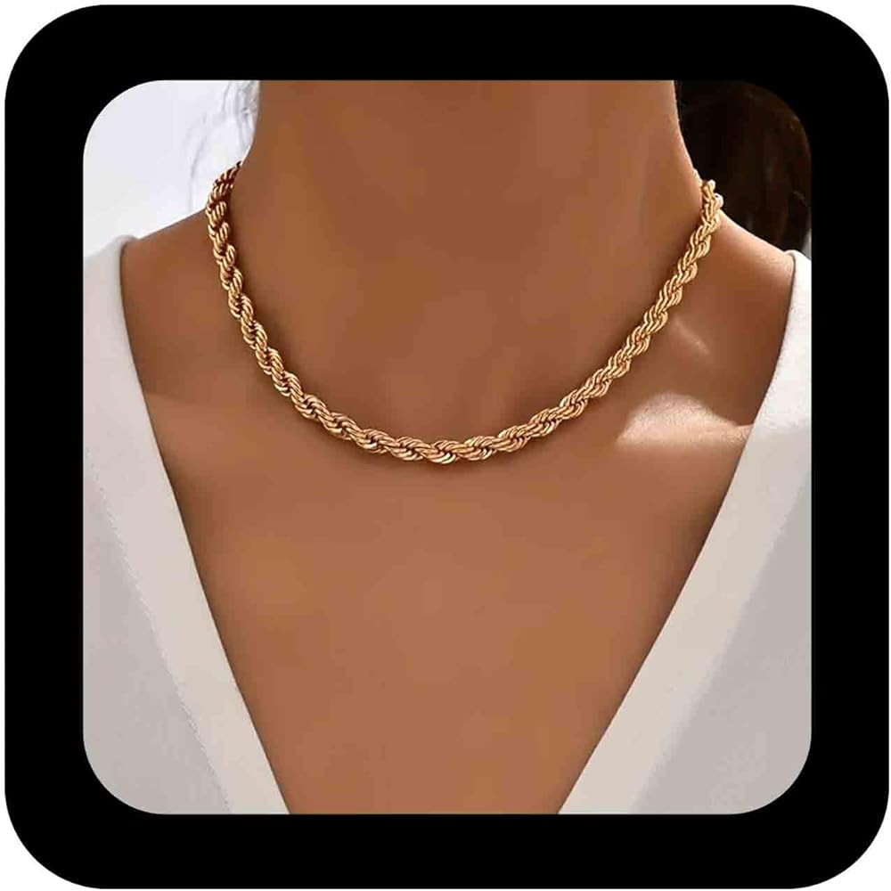 Bohemian Twist Link Chain Choker Necklace Gold Rope Chain Necklace Twist Rope Chain Collar Neckla... | Amazon (US)