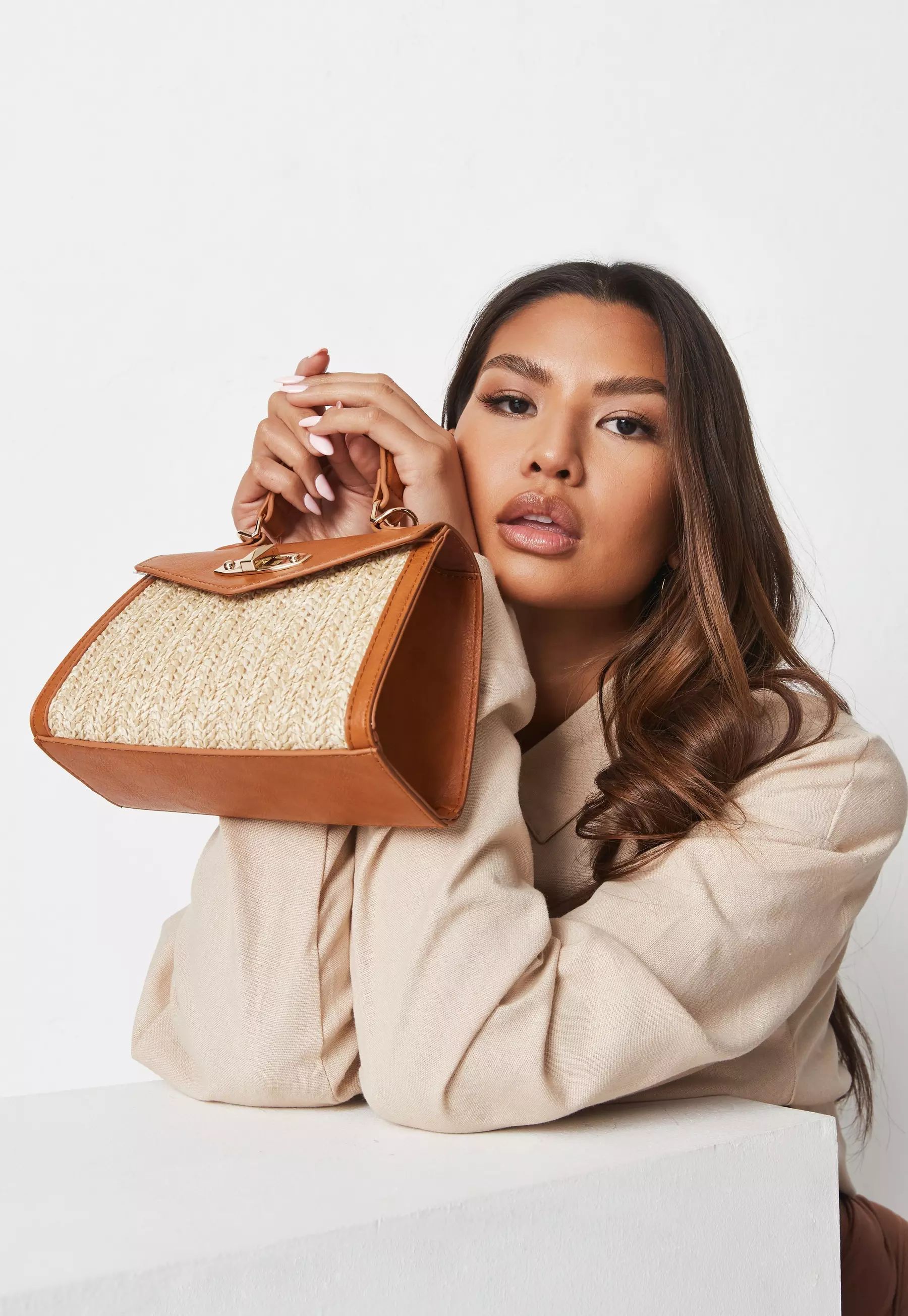 Tan Straw Faux Leather Mini Top Handle Bag | Missguided (UK & IE)