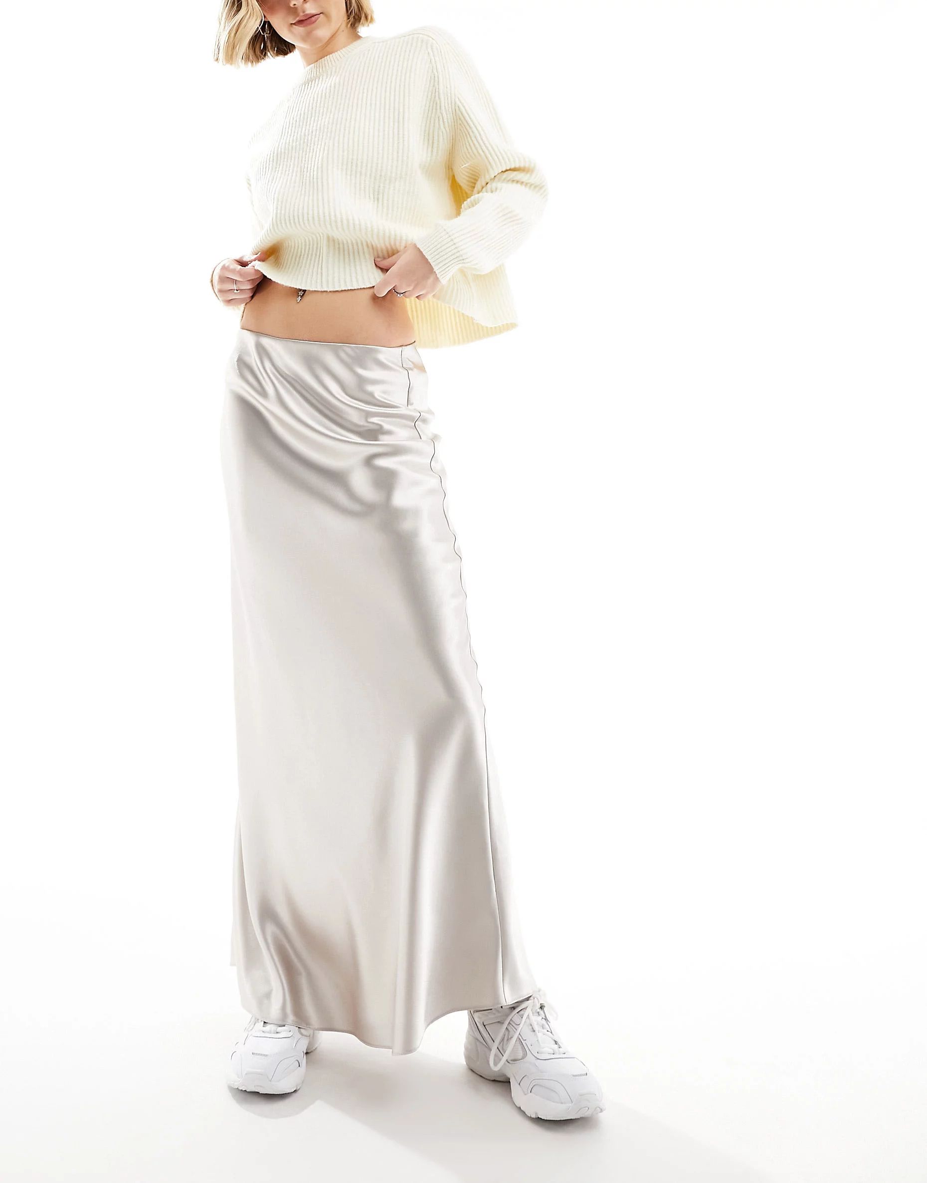 Miss Selfridge liquid satin bias maxi skirt in silver | ASOS (Global)