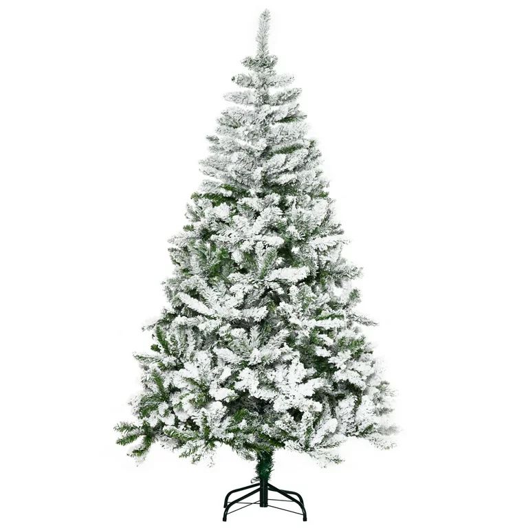 HOMCOM 6' Tall Unlit Snow Flocked Pine Artificial Christmas Tree with Realistic Branches, Green | Walmart (US)