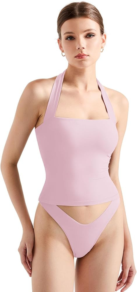 SUUKSESS Women Double Lined Halter Going Out Tops Open Back Basic Cami Tank Tops | Amazon (US)