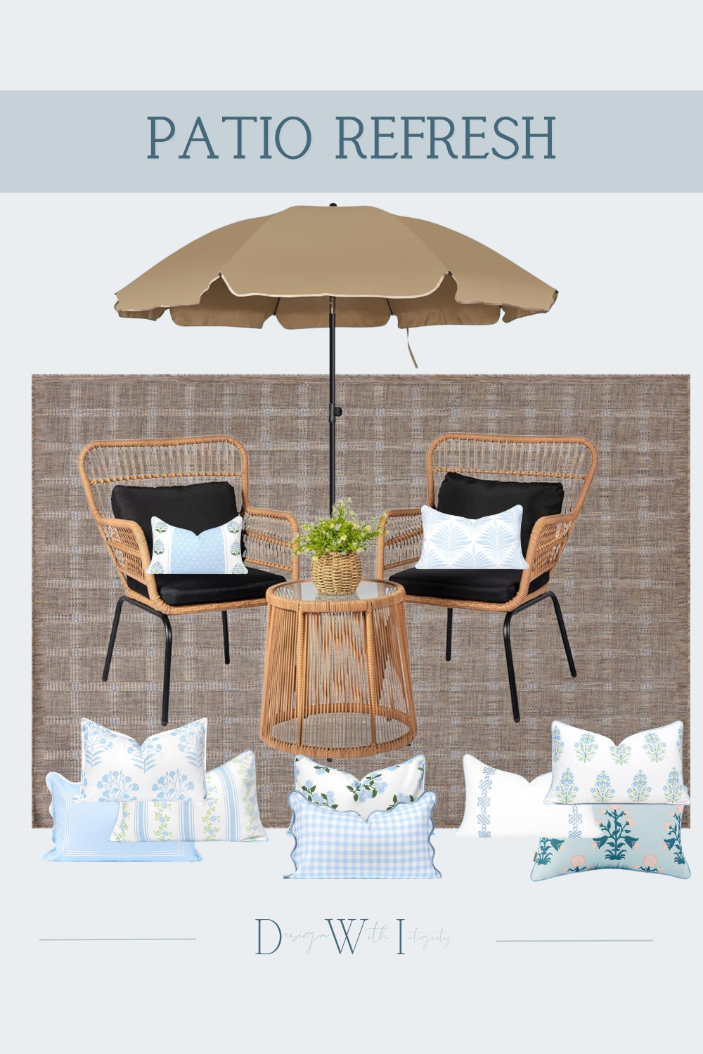 A simple patio refresh can completely change the way you enjoy your outdoor space.

This cozy patio concept embraces relaxed, collected style with a warm neutral foundation and soft blue botanical accents. Natural woven lounge chairs and a coordinating rattan side table introduce organic texture, while black cushions provide contrast that makes every detail feel intentional. A classic market umbrella creates comfortable shade, and the richly textured brown performance rug anchors the seating area with warmth and depth.

The layered pillow collection mixes delicate florals, botanical prints, gingham, stripes, and tailored embroidery in soft sky blue, sage green, ivory, and warm taupe. Together, these carefully chosen patterns create a look that feels fresh, inviting, and effortlessly timeless without competing for attention.

Whether you're updating a small patio, front porch, or backyard seating area, thoughtful layering is what transforms outdoor furniture into an extension of your home.

Shop the Look on LTK to explore every curated piece featured in this patio refresh and recreate the style in your own outdoor space.

This design began as one of my digital mood board concepts and was later transformed into an AI generated visualization to help homeowners see how carefully sourced products work together in a realistic outdoor setting.

#PatioDecor #OutdoorLiving #LTKHome 

 #LTKSeasonal #LTKHome