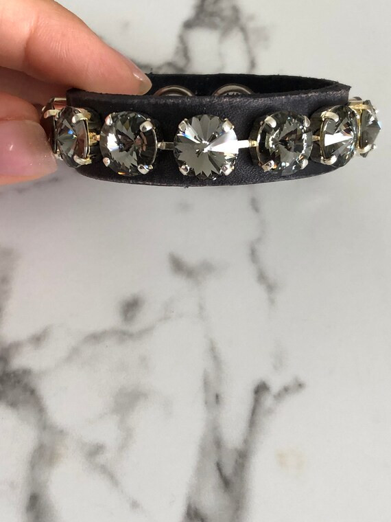 Gunmetal Swarovski Crystal on black leather cuff with silver setting | Etsy (US)