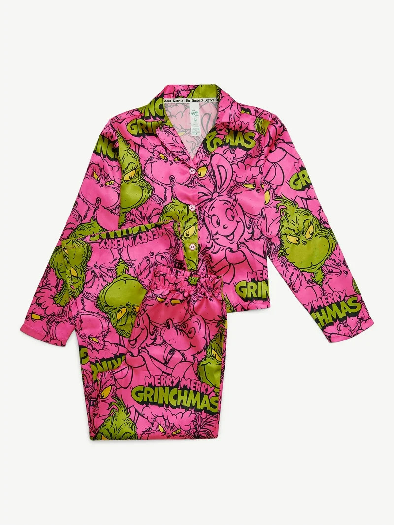 Justice x Grinch Girls Long Sleeve Notch Collar Sleep Top and Sleep Pants, 2-Piece, Sizes 4-18 | Walmart (US)