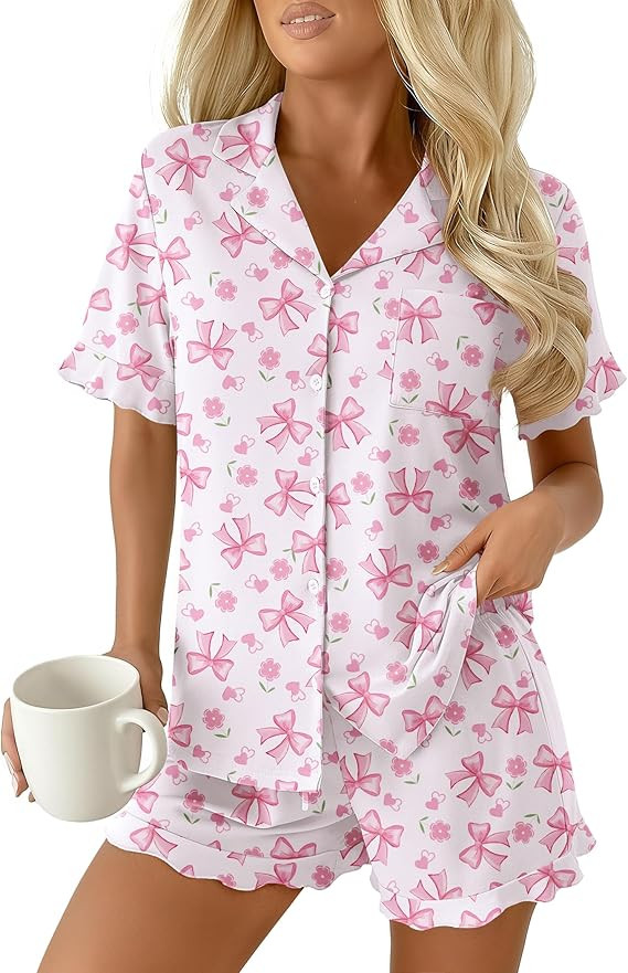 Ekouaer Pajamas Set for Women Button Down Pjs Lounge Sets Ruffle Short Sleeve Sleepwear Cute Loun... | Amazon (US)