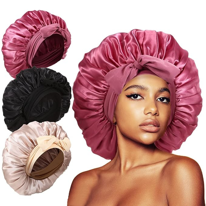 3Pcs Bonnets for Sleeping, Extra Satin Silk Bonnet for Sleeping Women with Tie Band for Curly Hai... | Amazon (US)