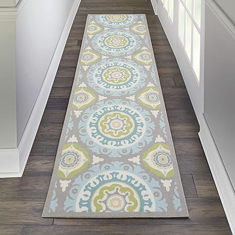 Nourison SND16 WAV01/Sun & Shade Boho Vibrant Indoor/Outdoor Aqua & Olive Runner Rug 2'3" x 8' | Amazon (US)