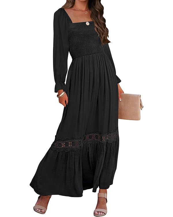 ZESICA Women's Boho Long Sleeve Square Neck Smocked High Waist Flowy A Line Lace Trim Maxi Dress | Amazon (US)