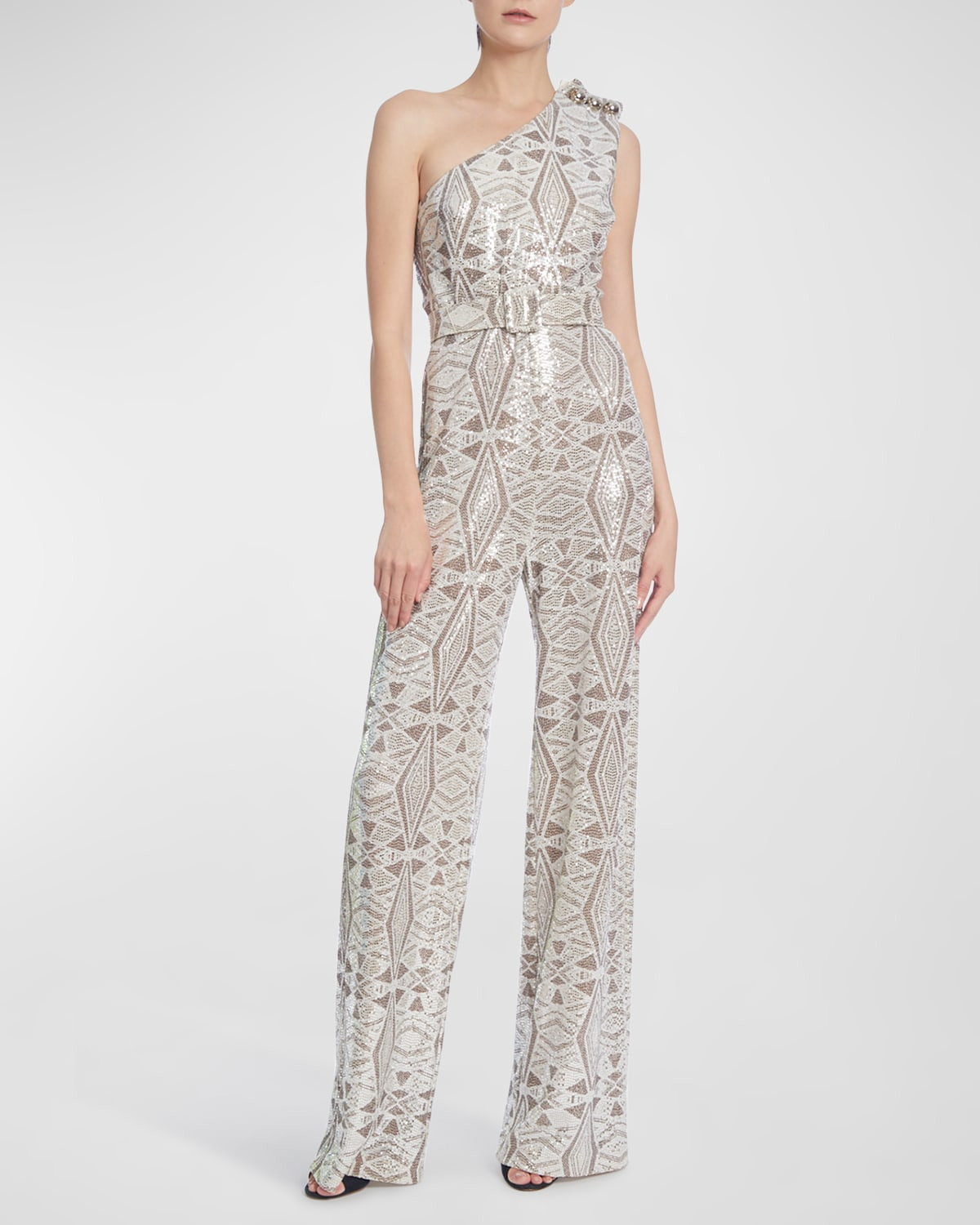 Sequin Geometric-Print One-Shoulder Jumpsuit | Neiman Marcus