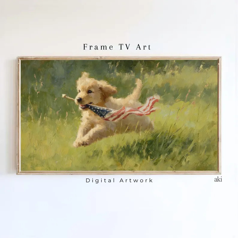 Patriotic Puppy Frame TV Art | Golden Retriever Americana Decor | Vintage 4th of July Dog Paintin... | Etsy (Global)