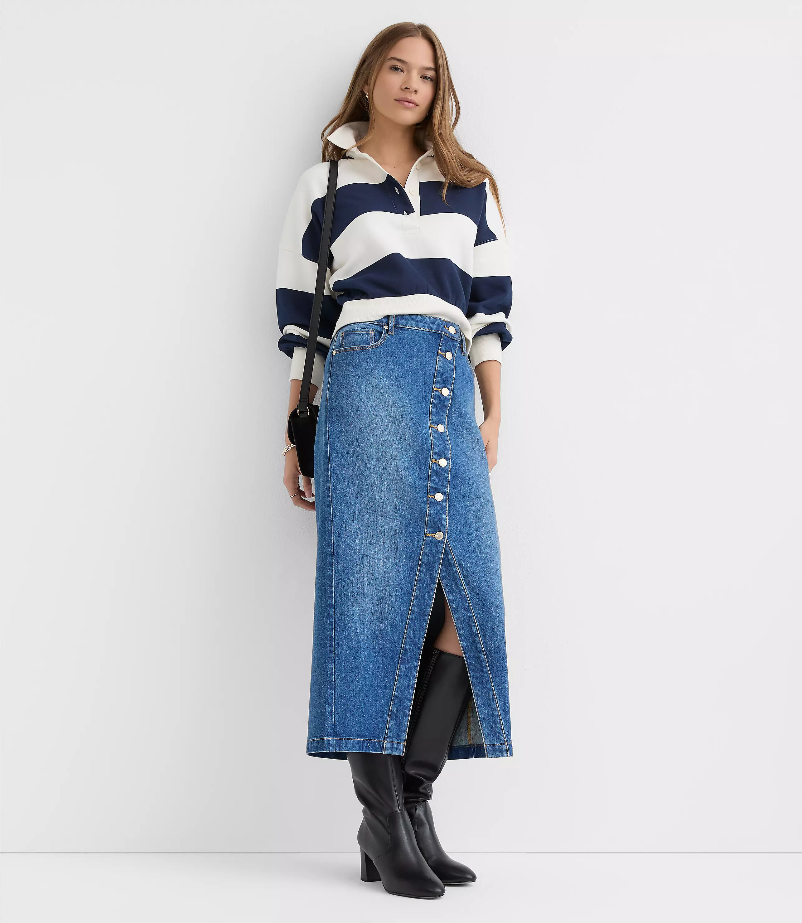 Cutaway Denim Midi Skirt in Modern Indigo Wash | LOFT