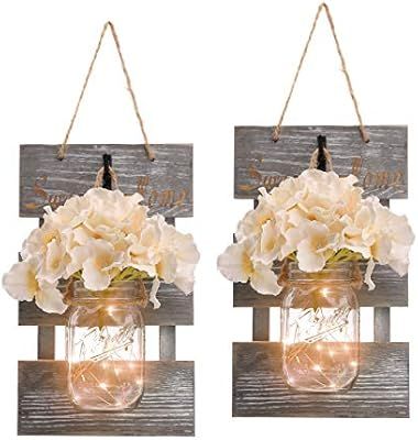 HOMKO Mason Jar Wall Decor with 6-Hour Timer LED Lights and Flowers - Rustic Home Decor (Set of 2... | Amazon (US)