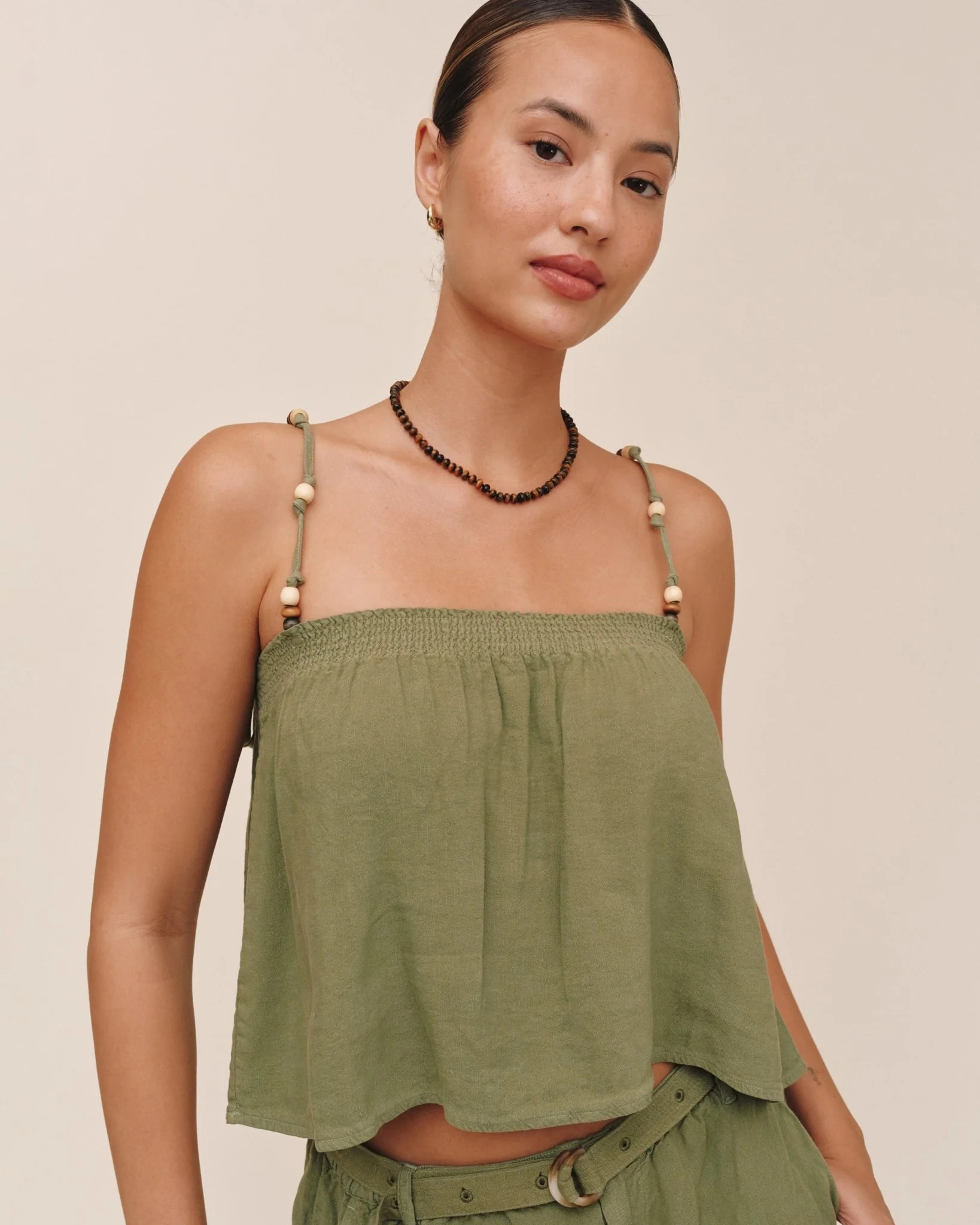 Smocked Beaded Strap Tank - Olive Leaf | Bella Dahl