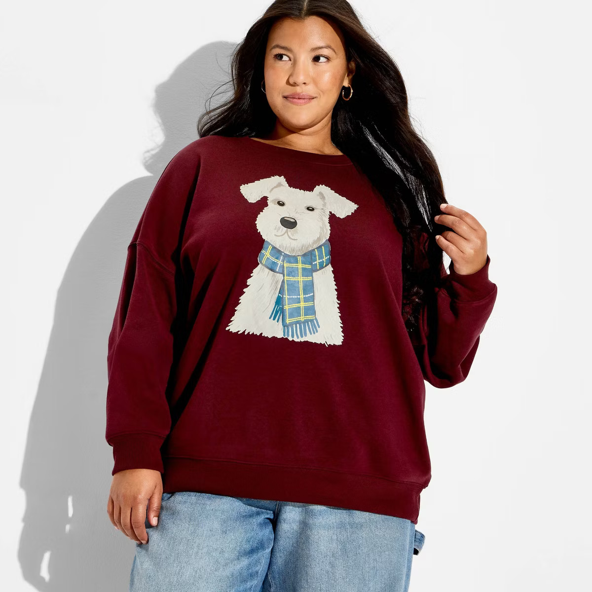 Women's Dog Scarf Fleece Graphic Pullover Sweatshirt - Burgundy | Target