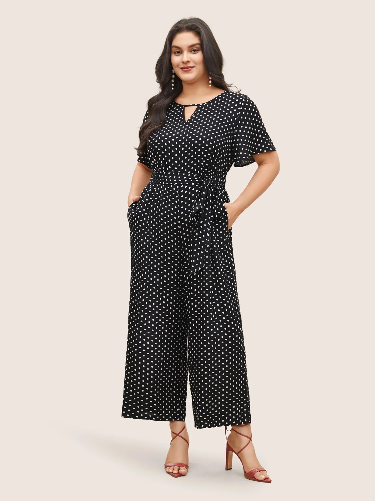 Polka Dot Cut Out Zipper Belted Jumpsuit | Bloomchic
