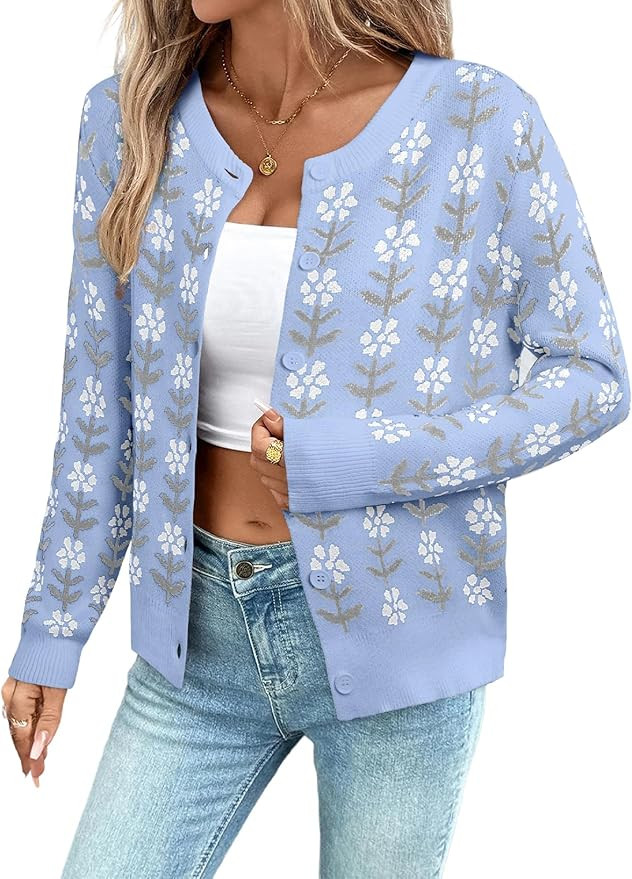 Sidefeel Women's Button Down Cardigan Sweater Long Sleeve Cute Floral Printed Cropped Sweater Coa... | Amazon (US)