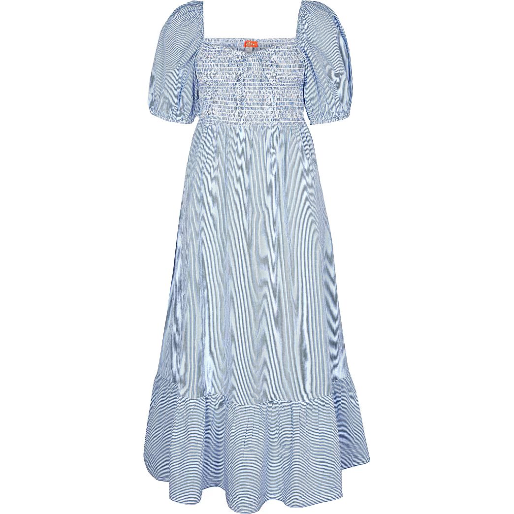 Blue puff sleeve smock midi beach dress | River Island (UK & IE)