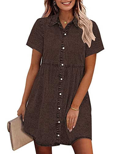 GRAPENT Denim Dress for Women Babydoll Tiered Short Sleeve Button Down Jean Shirt Dresses | Amazon (US)