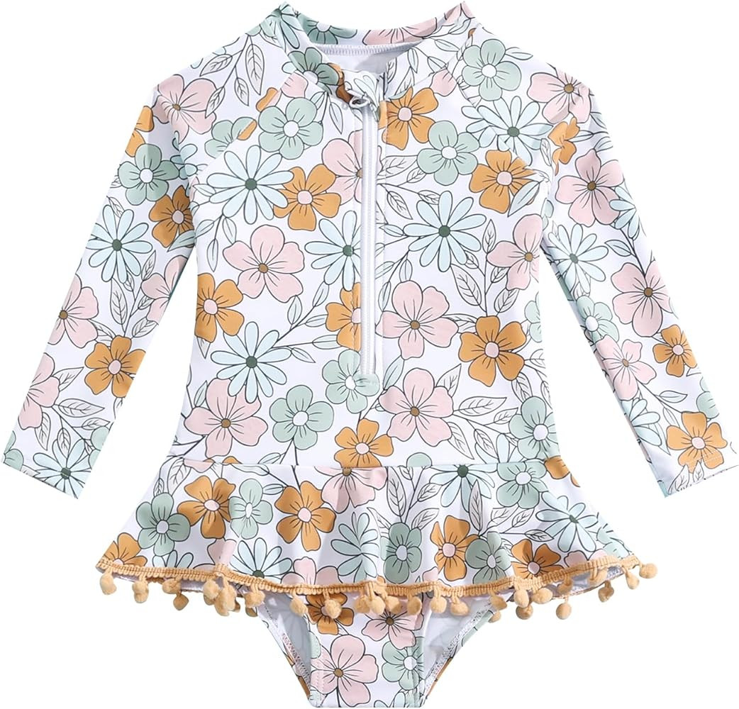 Toddler Girl One Piece Swimsuit Long Sleeve Zipper Ruffle Tassel Swimwear Summer Beach Bathing Su... | Amazon (US)