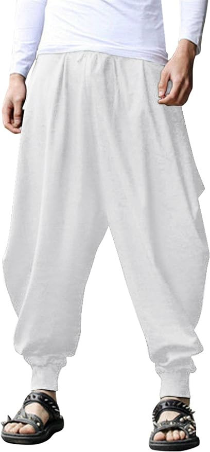 COOFANDY Men Hippie Harem Pants Baggy Linen Boho Yoga Casual Drop Crotch Trouser | Amazon (US)