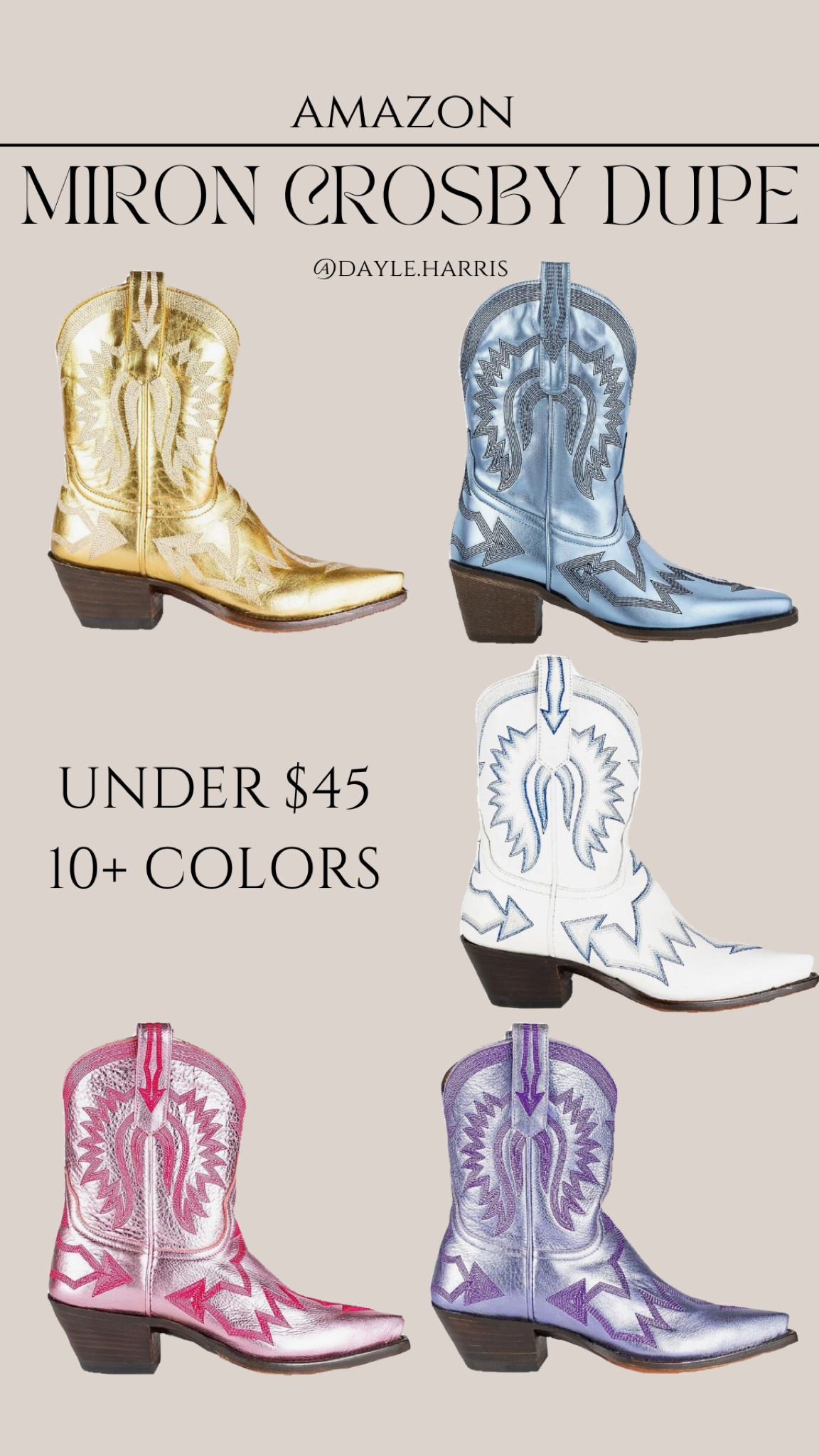 Miron Crosby Dupe for under $45!! So many colors too 🤠


#cowboyboots #cowgirlboots #dupe #western #preppy

#LTKShoeCrush #LTKFindsUnder50 #LTKStyleTip