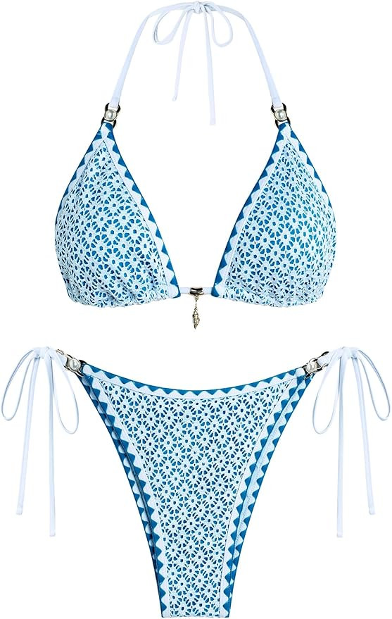 ZAFUL 2 Piece Triangle Bikini for Women Knitted Rope Halter Bikini Sets Sexy Bathing Suit Side Ti... | Amazon (US)