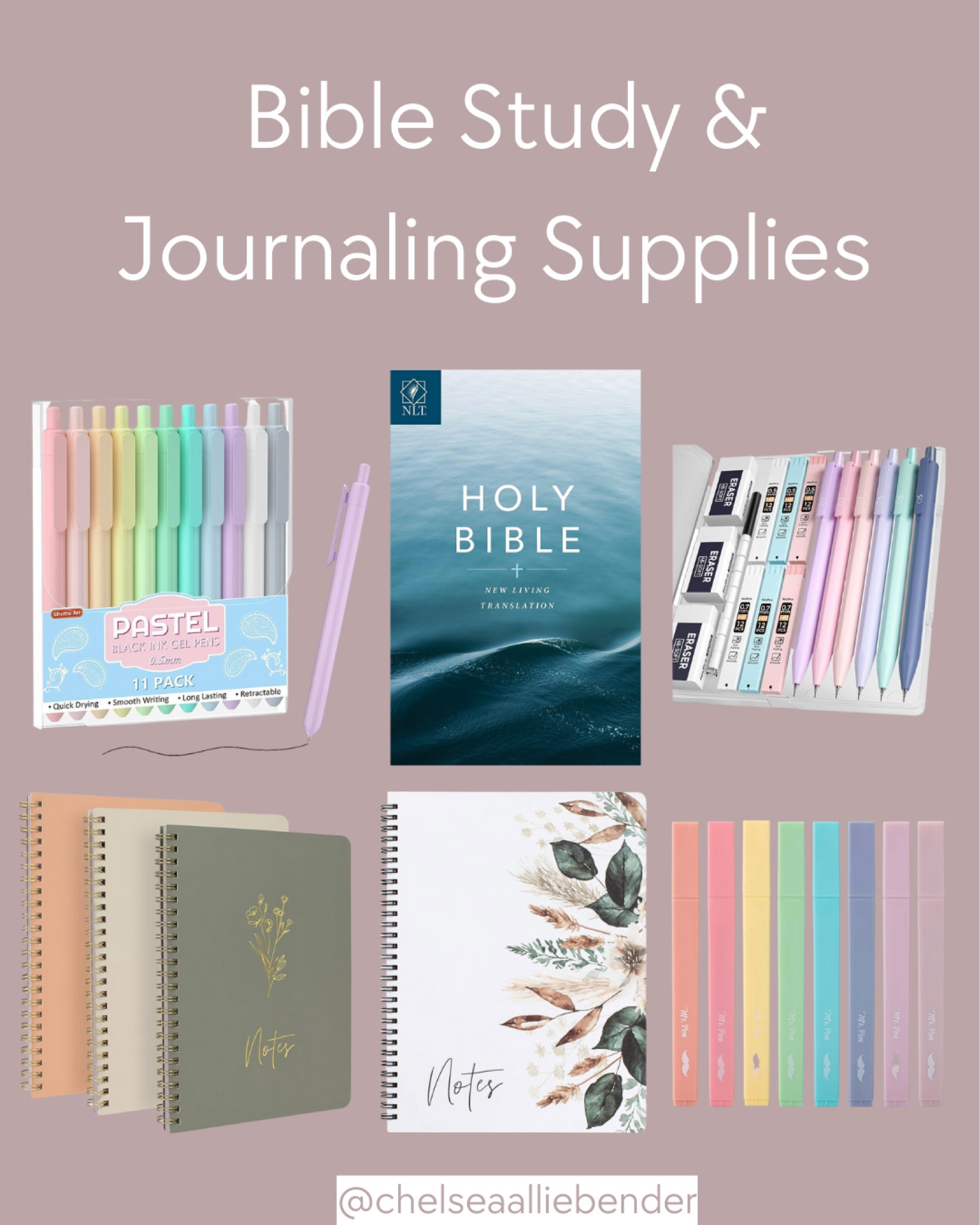 Bible study and journaling supplies 

Bible
Pastel Pens
Pencils 
Pastel highlighters
Journal
Notebook 
NLT

#LTKfindsunder100 #LTKGiftGuide #LTKsalealert