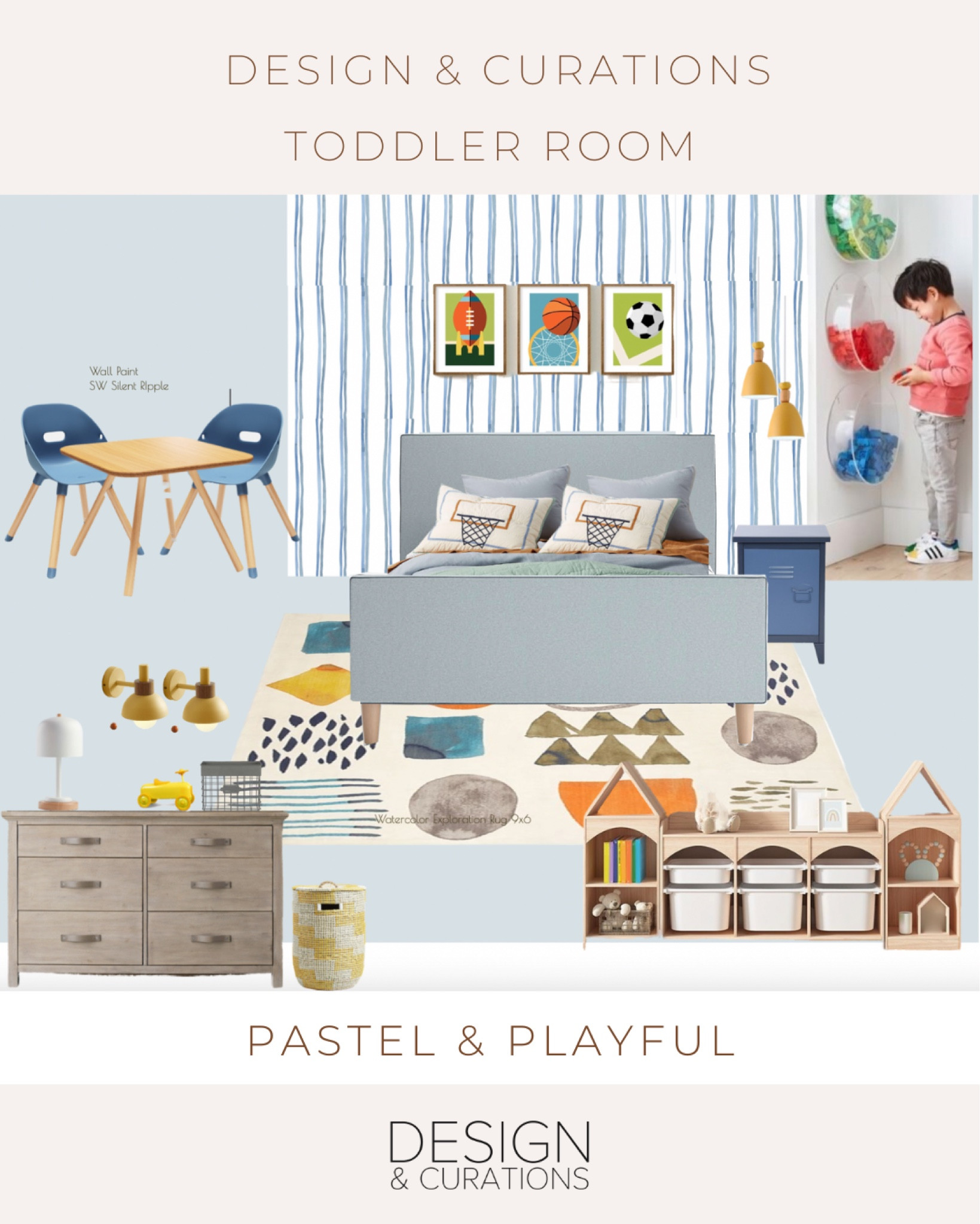 Toddler room design, soft, blue, pastel blue, yellow accent, playful rug from westelm, yellow sconces from Etsy. 

#LTKhome #LTKFind