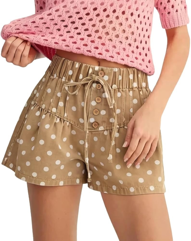chouyatou Women Summer Polka Dot Jean Shorts High Waisted Cute Floral Elastic Waist Wide Leg Deni... | Amazon (US)