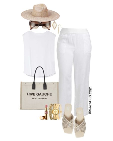 Plus Size All White Outfit with plus size white linen pants, white top, snake print sandals, straw hat, and canvas tote bag. Perfect resort wear for summer vacations - Alexa Webb

#LTKSeasonal #LTKPlusSize #LTKStyleTip