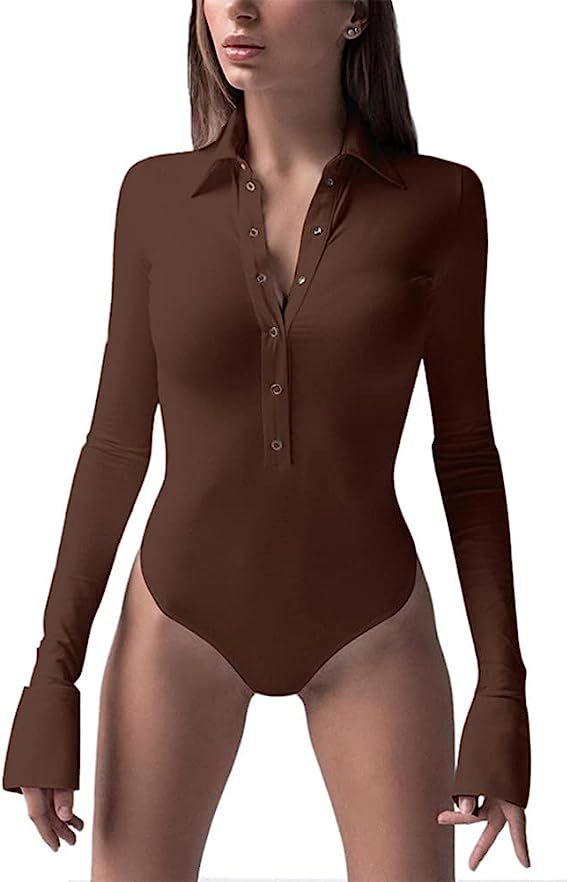 GEMBERA Women's Long Sleeve Turn Down Button Collar Bodycon Bodysuit Tops Casual Thong Leatord | Amazon (US)