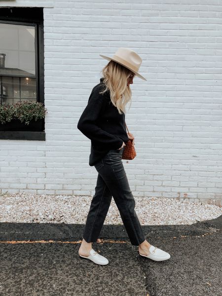 Black turtleneck - black denim - waffle bag - Gucci loafers - hat - TTS 