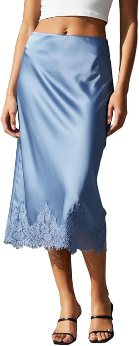 Women Silk Satin Half Slip Long Skirts Lace Patchwork Elastic Waist Long Skirt Elegant Silky Flow... | Amazon (US)