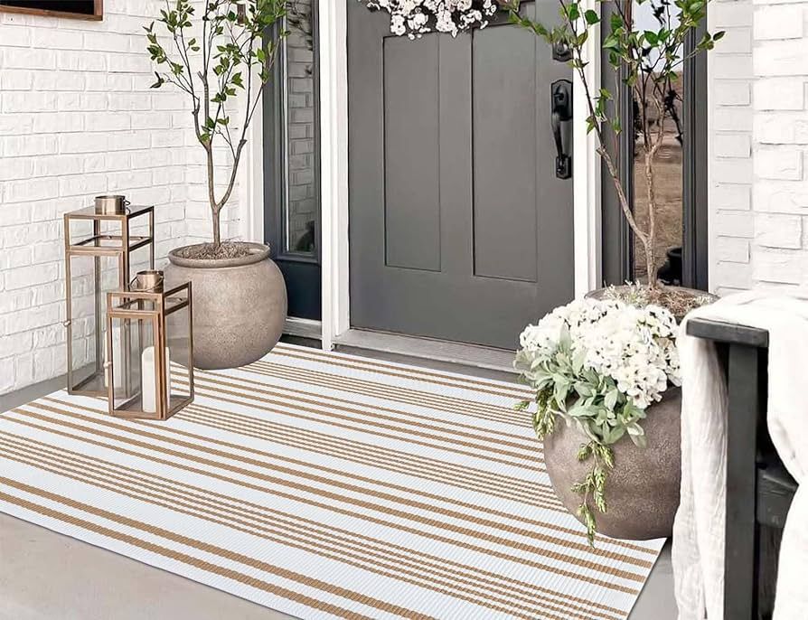 Khaki and White Outdoor Rug 3'x 5' Front Porch Rug Cotton Hand-Woven Striped Rug Machine Washable... | Amazon (CA)